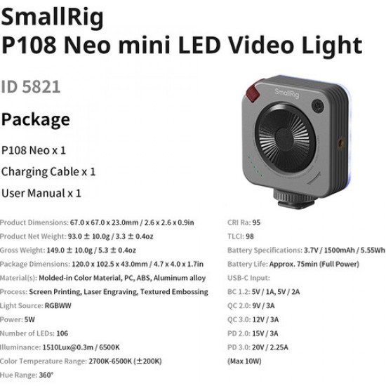 SmallRig 5821 Neo Mini RGB Luz LED Video (Nebula Gray)