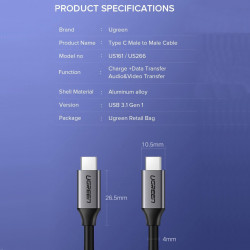 Ugreen 50751 Cable USB-C a USB-C  3.1 de 1.50metros 5Gbps Thunberbolt 3 compatible