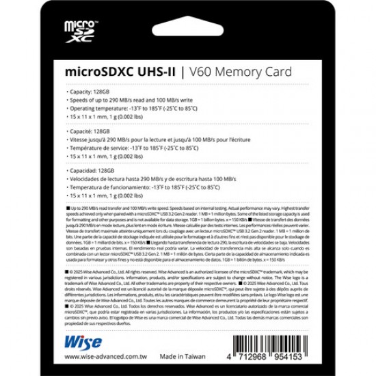 Wise microSDXC 128GB Extreme UHS-II Tarjeta de memoria V60